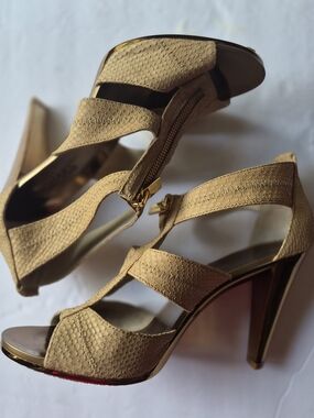 Michael Kors Tan Textured Strappy High Heel Sandals with Gold Accents